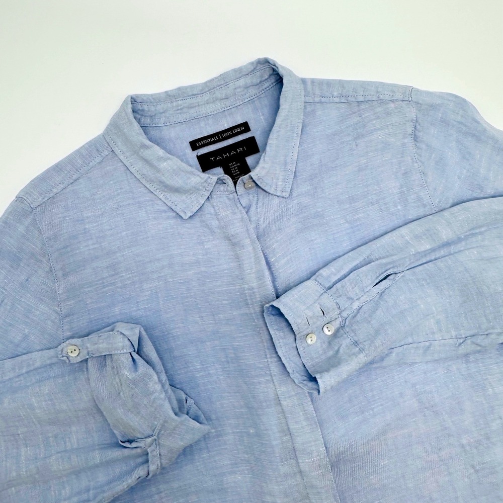 Tahari Essentials Womens‎ 100% Linen Long Sleeve Button Up Tunic Light Blue M